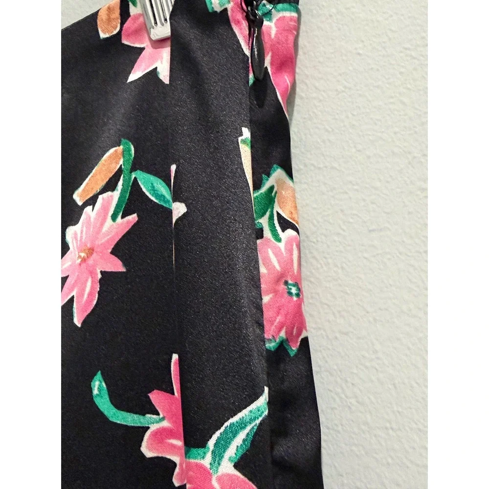 Zara Womens Floral Print Satin Midi Skirt Black Pink High Waist Slit Size Medium